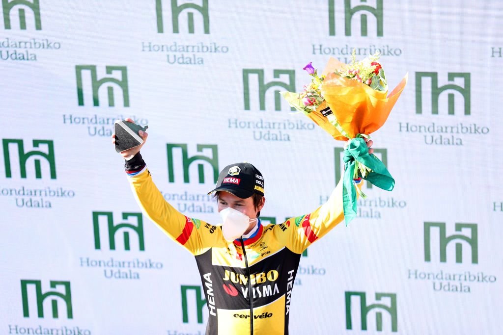 HONDARRIBIA SPAIN APRIL 04 Primoz Roglic of Slovenia and Team Jumbo Visma celebrates winning the stage one on the podium ceremony after the 61st Itzulia Basque Country 2022 Stage 1 a 75km individual time trial from Hondarribia to Hondarribia itzulia WorldTour on April 04 2022 in Hondarribia Spain Photo by Gonzalo Arroyo MorenoGetty Images