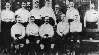 1889: Preston North End Football Club, back row; Mills, Roberts, Graham, Holmes, Russell, Howarth, Drummond. Front row; Thompson, Dewhurst, Goodall, Ross, Gordon. (Photo by Hulton Archive/Getty Images)