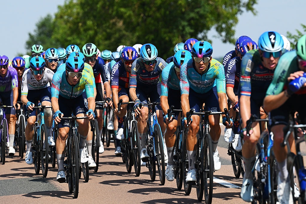 NEVERS, FRANCE - JULY 15: (L-R) Aaron Gate of New Zealand and Team XDS Astana and Dylan van Baarle of Netherlands and Team Soudal Quick-Step compete during the 113th Tour de France 2026, Stage 11 a 161.3km stage from Vichy to Nevers / #UCIWT / on July 15, 2026 in Nevers, France. (Photo by Tim de Waele/Getty Images)