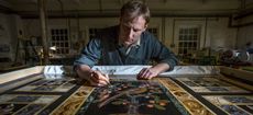 Thomas Greenaway working on a pietra dura from Lotherton Hall in West Yorkshire he is currently restoring at his Northamptonshire workshop. The Decorative Arts Society has funded the conservation work in advance of an exhibition marking Lotherton’s 50th anniversary as a museum. The table was bought with the aid of a grant from the National Art Collections Fund in 1971. It was designed by William Burges for himself, for his house on Buckingham Street. It was later moved to his grand gothic mansion he designed for himself, the Tower House in Kensington (now owned by Jimmy Page!). It was apparently used by him for special occasions, when he would place many of his most important treasures atop it. The fact that parrots were his favourite bird perhaps adds extra resonance.