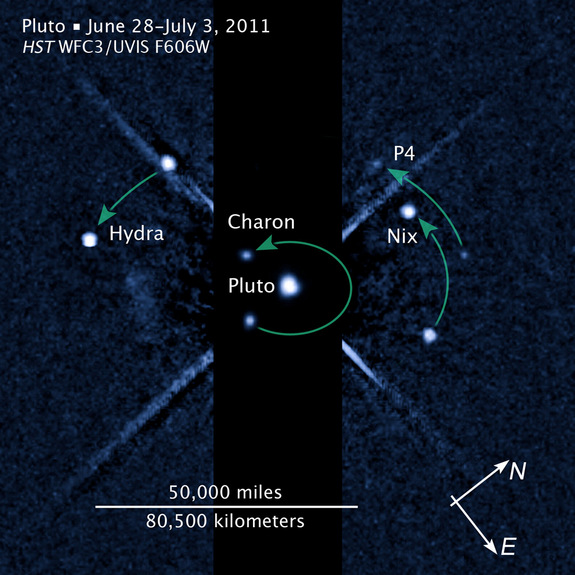New annotated image showing Pluto and moons, including the newly discovered P4, released July 20, 2011.