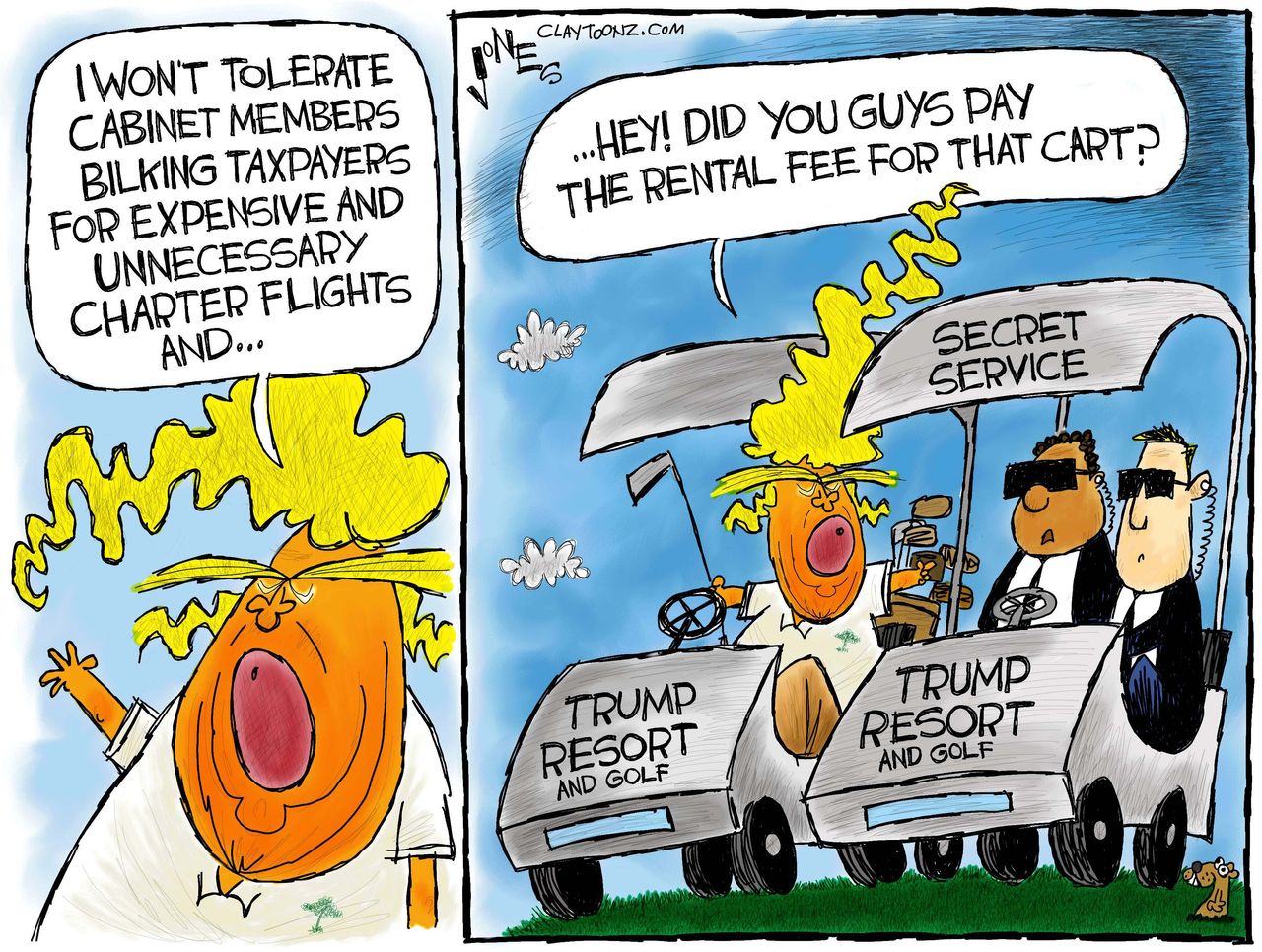 Political cartoon U.S. Trump private jet Tom Price hypocrisy