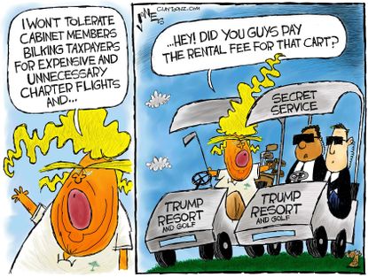 Political cartoon U.S. Trump private jet Tom Price hypocrisy