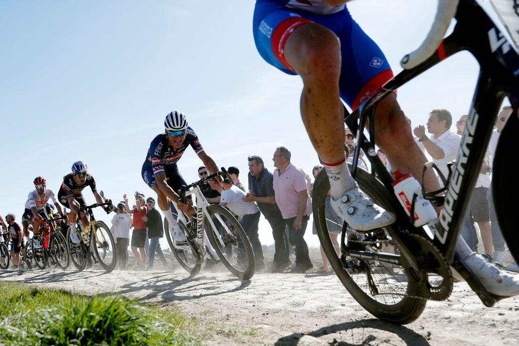 ROUBAIX FRANCE APRIL 17 Mathieu Van Der Poel of Netherlands and Team AlpecinFenix competes passing through a cobblestones sector during the 119th ParisRoubaix 2022 Mens Elite a 2572km one day race from Compigne to Roubaix ParisRoubaix WorldTour on April 17 2022 in Roubaix France Photo by Bas CzerwinskiGetty Images