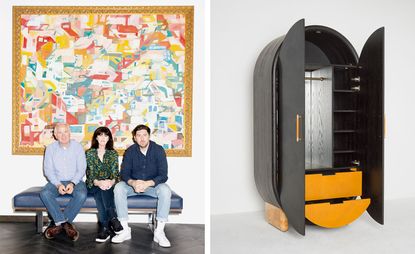 Orior design team portrait to the left and a wooden cabinet on the right