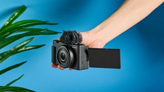 A black Sony ZV-1F compact vlogging camera