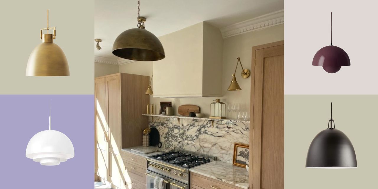 dome kitchen pendant in a white and wood kitchen with marble counters, surrounded by cut outs of dome pendants