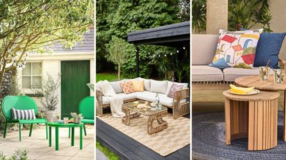 compilation image showing three of the best outdoor furniture sets from green chairs, a rattan sofa and a round wooden coffee table