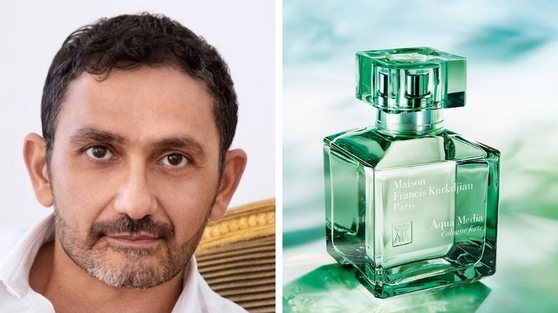 Francis Kurkdjian next to green bottle of Aqua Media Cologne