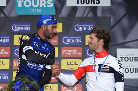Fernando Gaviria and Jonas Vangenechten on the Paris-Tours podium