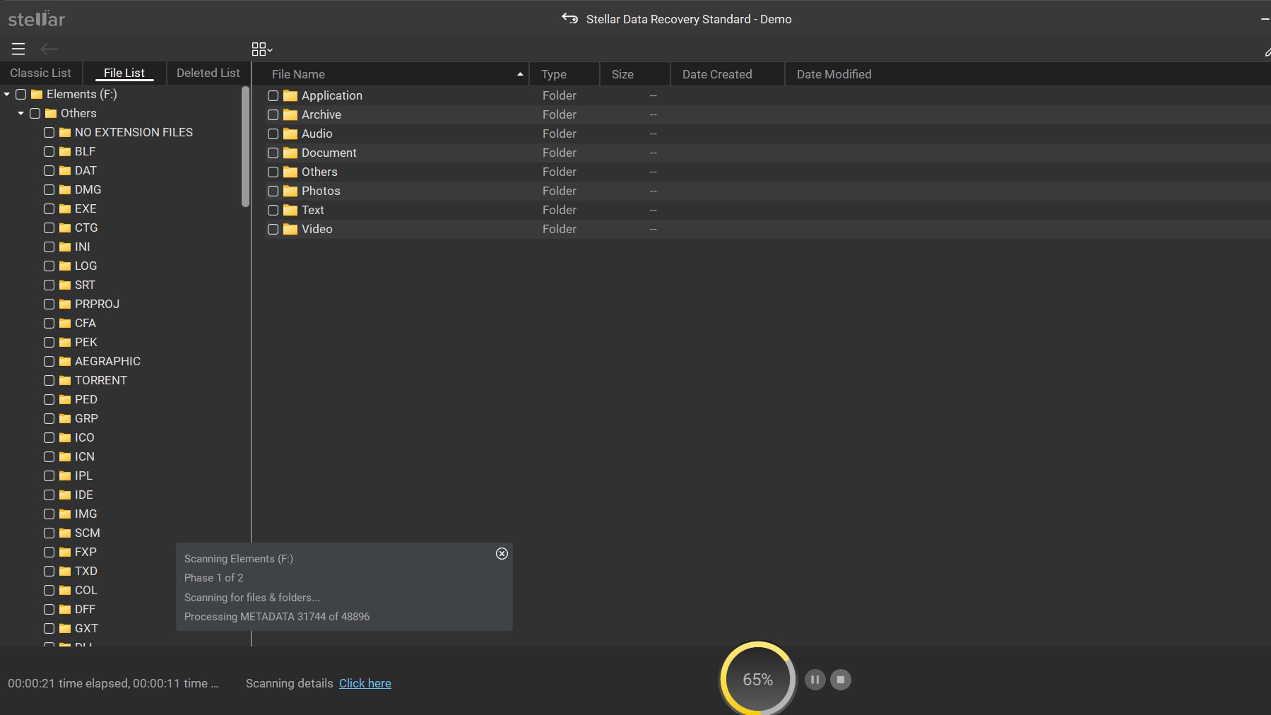 Ongoing scan on Stellar Data Recovery software