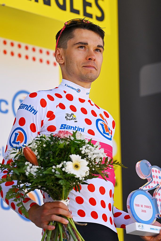 LES ANGLES, FRANCE - JULY 06: Alex Baudin of France and Team EF Education - EasyPost celebrates at podium as Polka Dot Mountain Jersey winner during 113th Tour de France 2026, Stage 3 a 195.9km stage from Granollers to Les Angles 1801m / #UCIWT / on July 06, 2026 in Les Angles, France. (Photo by Tim de Waele/Getty Images)