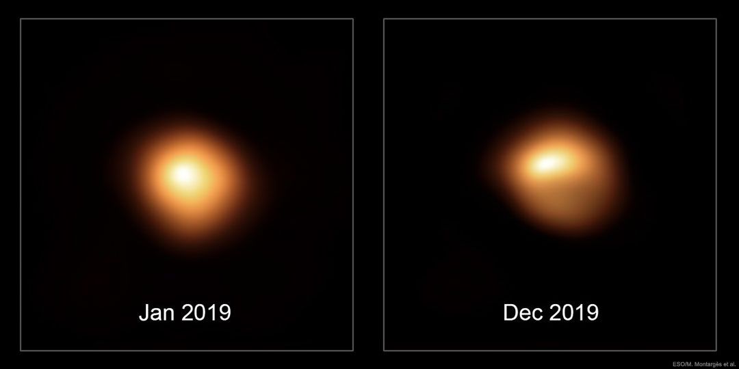 An image captured by the European Southern Observatory&#039;s Very Large Telescope in Chile shows Betelgeuse in December 2019, at right, early in what would become the dramatic dimming episode that culminated in February 2020.