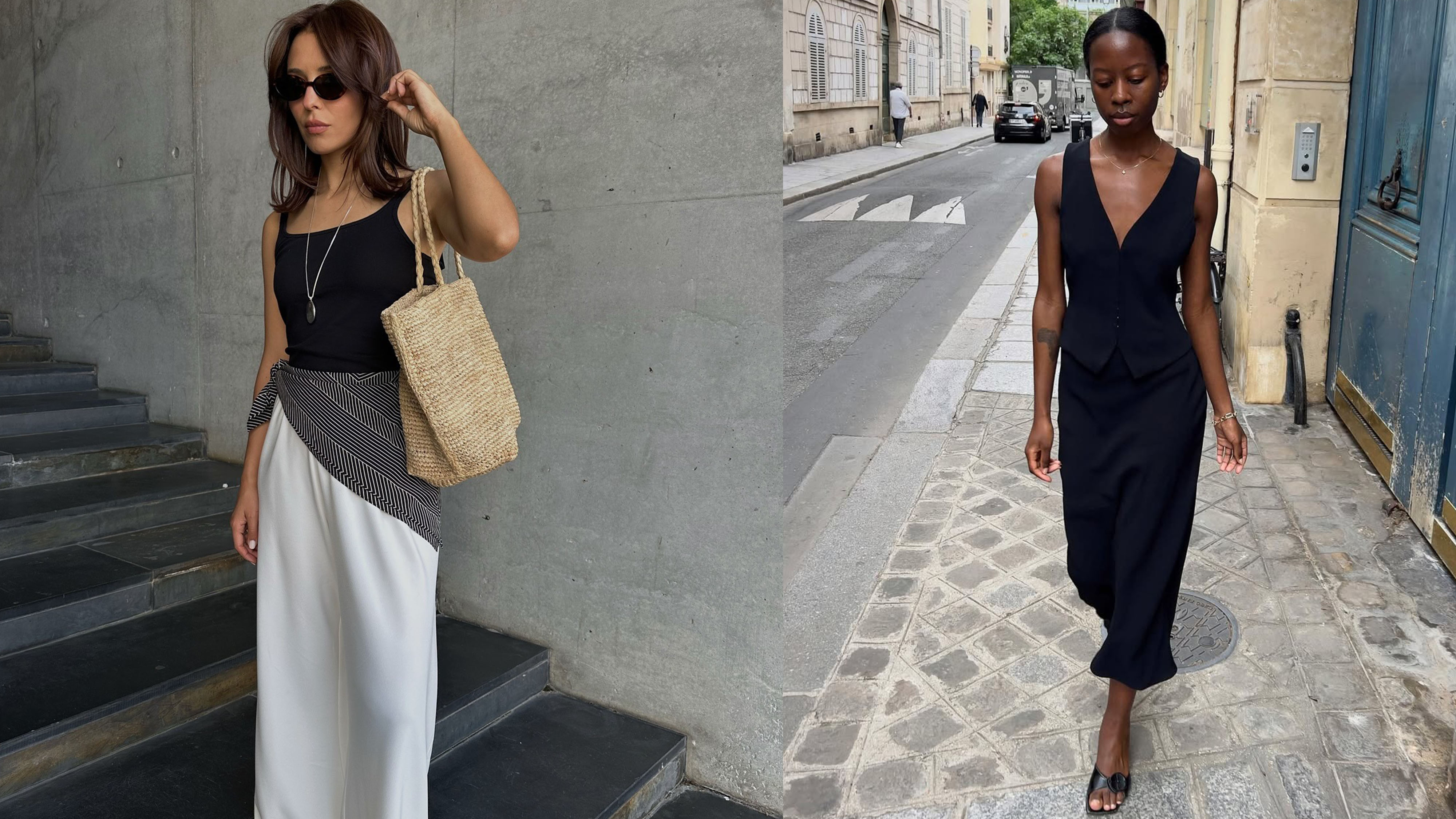 Woman in black tank top and white pants and a woman in black dress