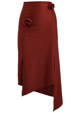 Floral-Appliqué Satin-Jersey Midi Skirt