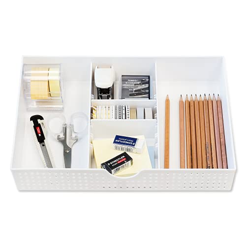 Amtido Desk Drawer Organiser Tray for Office Stationary Supplies & Accessories - Draw Tidy Storage Box – 3 Compartments With 2 Adjustable Dividers – White - 2 Pack