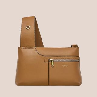 flat lay of tan small handbag