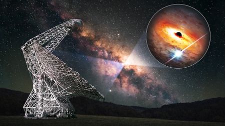 An image showing a metal radio antenna to the left under a glowing band of the Milky Way in the night sky with a circle cutout to the right of the image showing an illustration of a black sphere surrounded by glowing gas