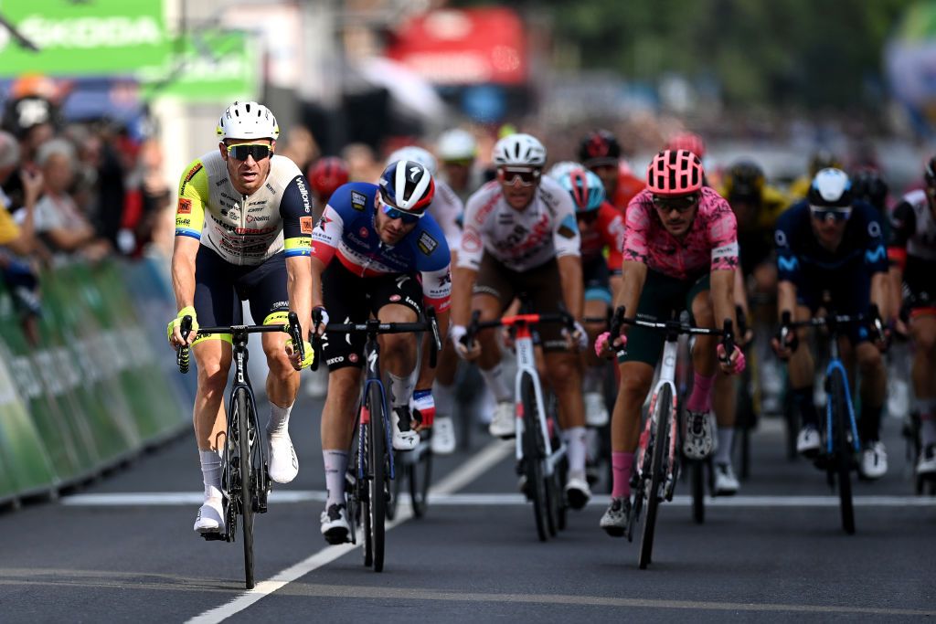 MARBURG GERMANY AUGUST 26 Alexander Kristoff of Norway and Team Intermarch Wanty Gobert Matriaux celebrates at finish line as stage winner during the 37th Deutschland Tour 2022 Stage 2 a 2007km stage from Meiningen to Marburg DeineTour on August 26 2022 in Marburg Germany Photo by Stuart FranklinGetty Images