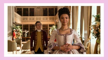 Regency fashion: Queen Charlotte: A Bridgerton Story. (L to R) Sam Clemmett as Young Brimsley, India Amarteifio as Young Queen Charlotte in episode 102 of Queen Charlotte: A Bridgerton Story./ in a pink template