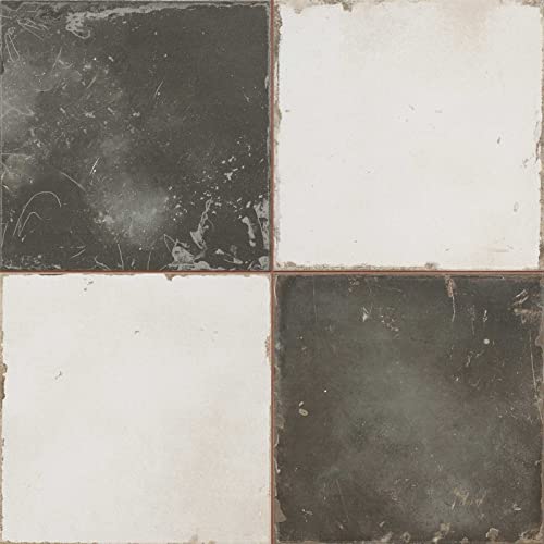 The Bath People Hale Ceramic Matt Black & White Tiles Retro Vintage Square Plain & Pattern Wall or Floor – 450 X 450