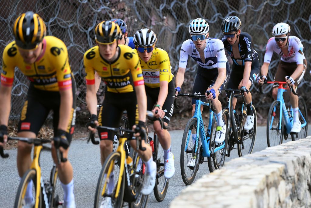 COL DE LA COUILLOLE FRANCE MARCH 11 LR Tadej Pogacar of Slovenia and UAE Team Emirates Yellow Leader Jersey and Matteo Jorgenson of The United States and Movistar Team White Best Young Rider Jersey compete in the breakaway during the 81st Paris Nice 2023 Stage 7 a 1429km stage from Nice to La Col de la Couillole 1676m UCIWT ParisNice on March 11 2023 in La Col de la Couillole France Photo by Alex BroadwayGetty Images