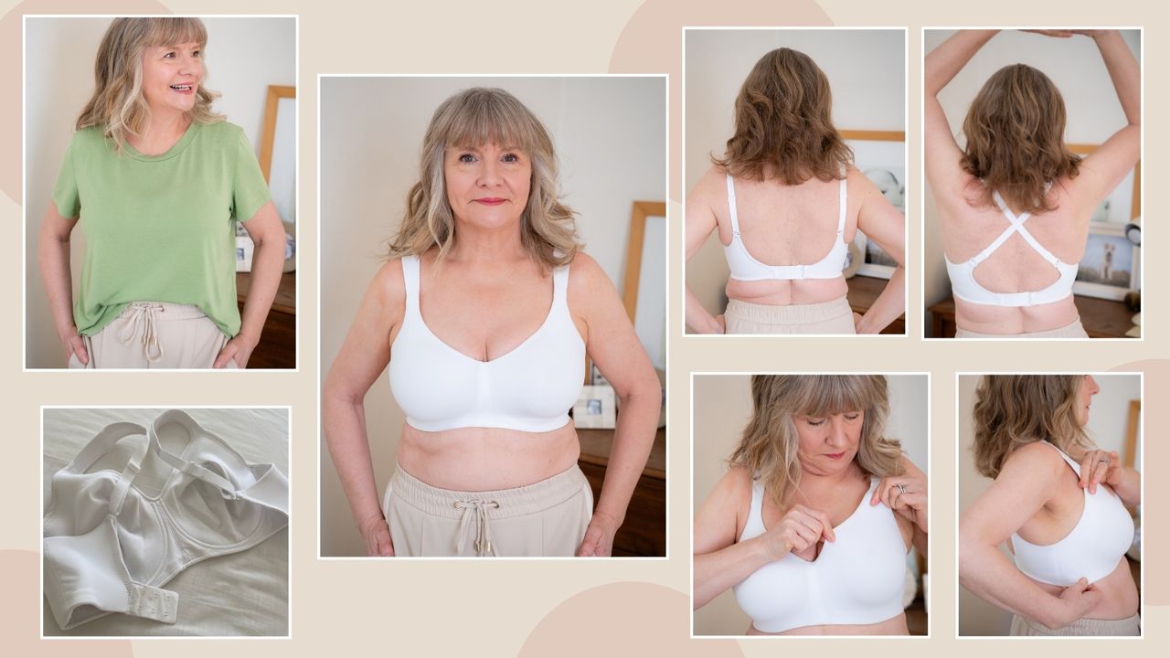 Julie Player wearing M&amp;S Flexifit minimiser bra in a variety of testing poses