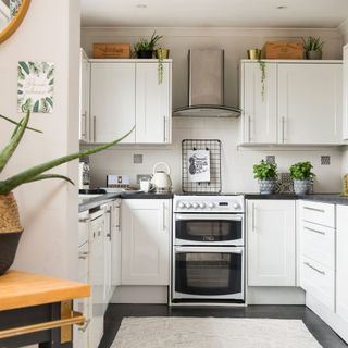kitchen with white wall white cabinets chimney and flower pot