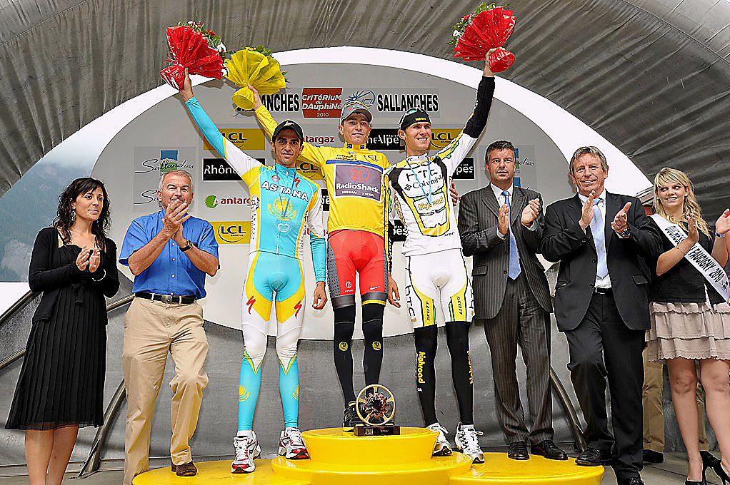 Cycling : Criterium du Dauphine 2010 / Stage 7
Podium / CONTADOR Alberto (ESP)/ BRAJKOVIC Janez (SLO) Yellow Jersey / VAN GARDEREN Tejay (USA)/ Celebration Joie Vreugde /
Allevard-les-Bains - Sallanches (148 Km)/
Etape Rit / (c)Tim De Waele
