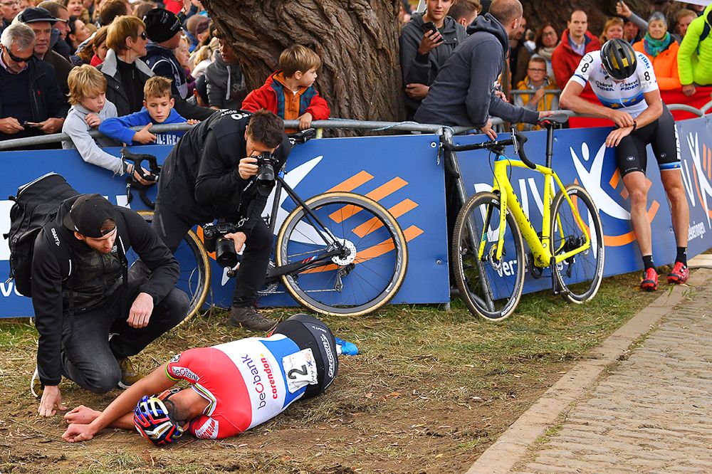 Mathieu van der Poel on the ground after winning Koppenbergcross