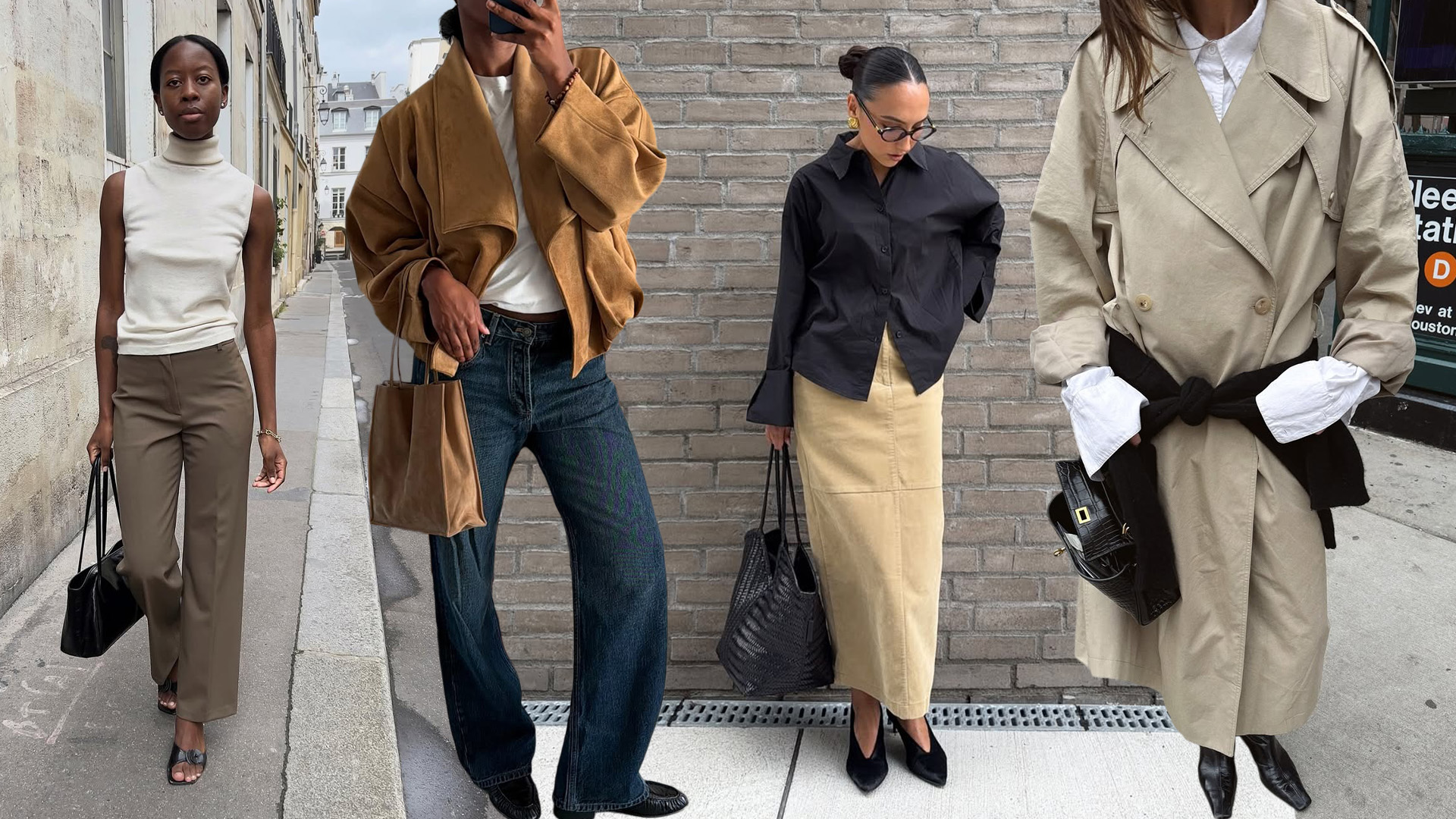 @sylviemus_ wearing Heaven Mayhem, Maison LA, and Aritzia; @nlmarilyn in dark-rinse jeans, suede jacket, white tee, and loafers; @ingridedvinsen in corduroy skirt, black button-down, high-vamp pumps, and woven tote; @cocoschiffer in a trench coat, white button-down, black boots, and a black leather handbag