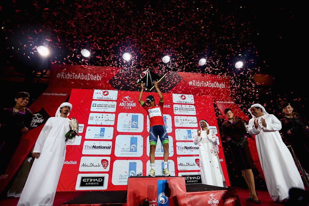 esteban Chaves on the final podium at the Abu Dhabi Tour