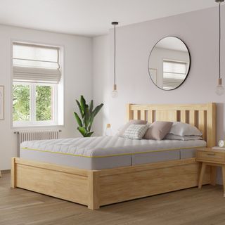 bensons for bed wooden bed frame in neutral bedroom