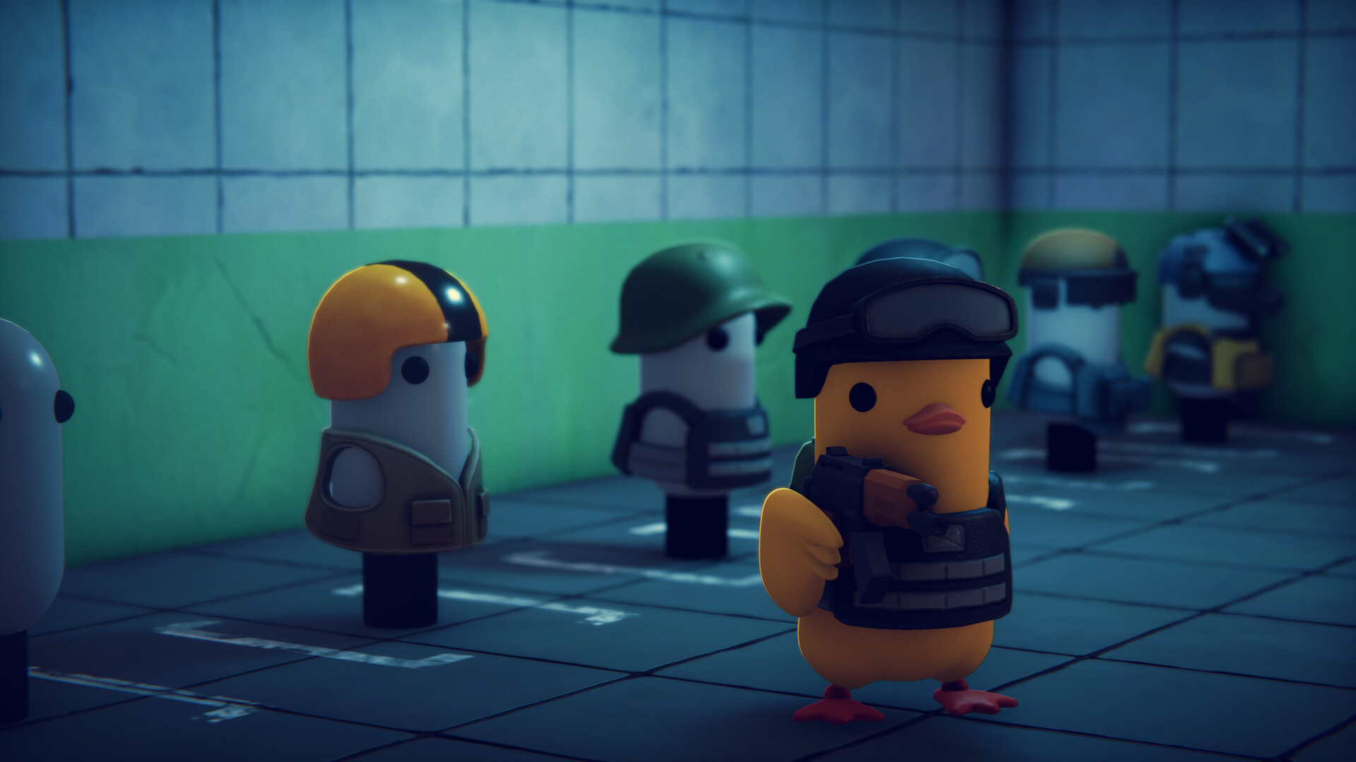 A cartoonish 3D duck stands holding a gun in front of duck-shaped dummies from videogame Escape From Duckov.