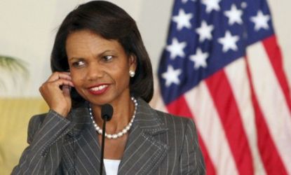 Condoleezza Rice smiles during a news conference in Tripoli in 2008: Moammar Gadhafi met the US Secretary only once, but had an apparent fixation on her.