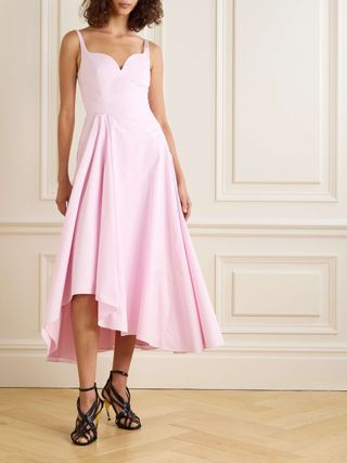 Asymmetric Pleated Cotton-Poplin Midi Dress