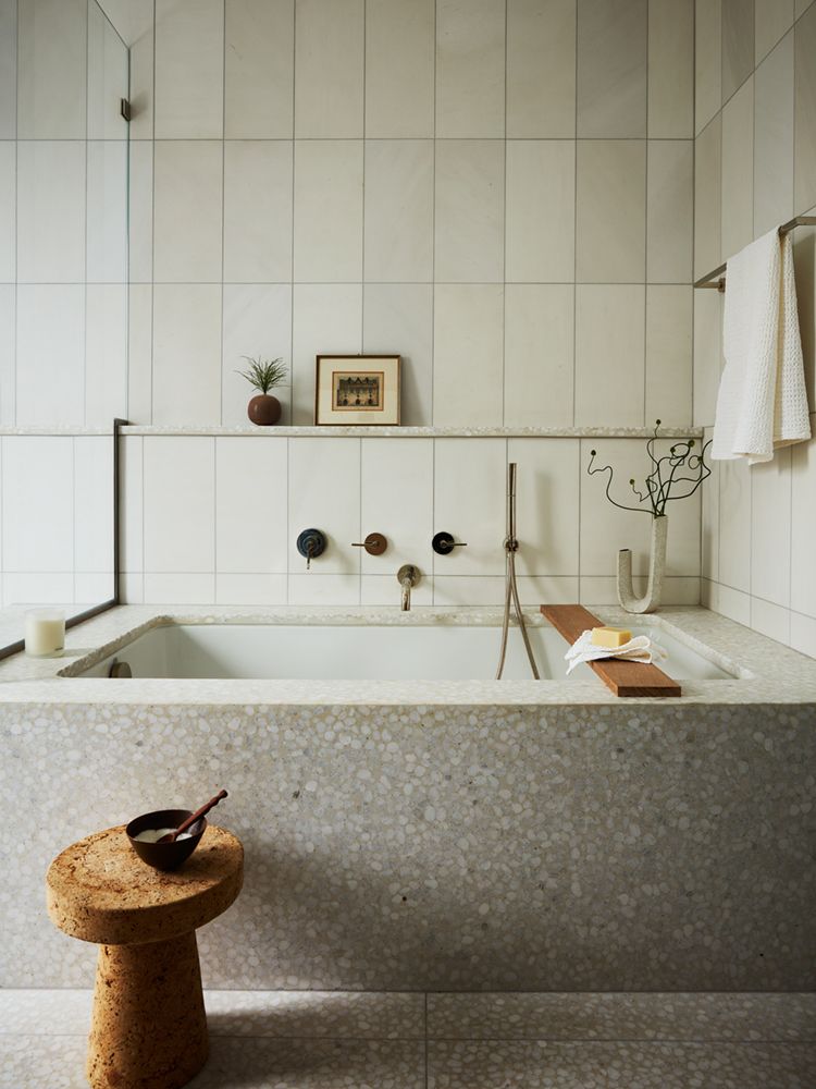 Beige bathroom with black hardware