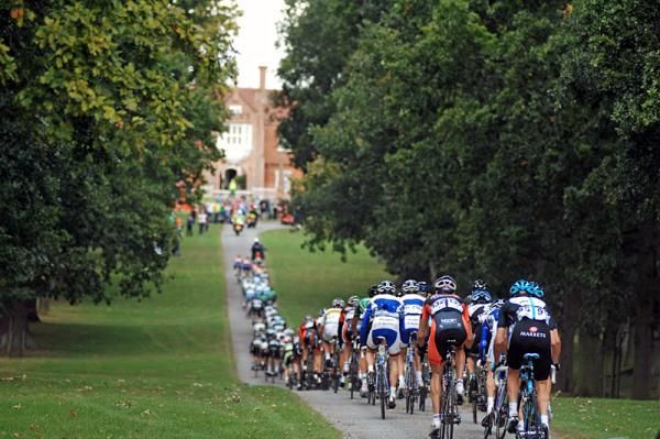 The tail end of the bunch heads towards Helmingham Hall.