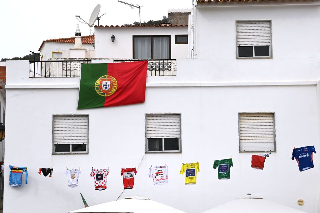 LAGOS PORTUGAL FEBRUARY 15 Jerseys decoration during the 49th Volta ao Algarve em Bicicleta 2023 Stage 1 a 2002km stage from Portimo to Lagos VAlgarve2023 on February 15 2023 in Lagos Portugal Photo by Tim de WaeleGetty Images