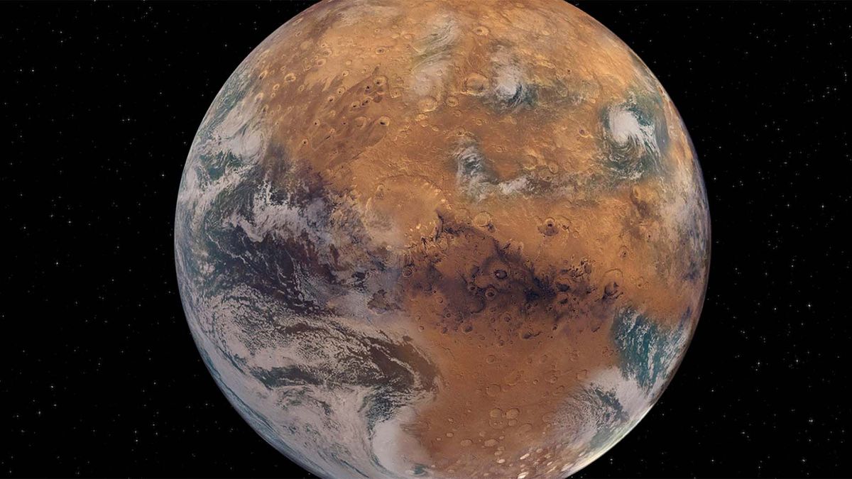 An artist&#039;s rendering of what Mars would have looked like with its ancient oceans and lakes intact