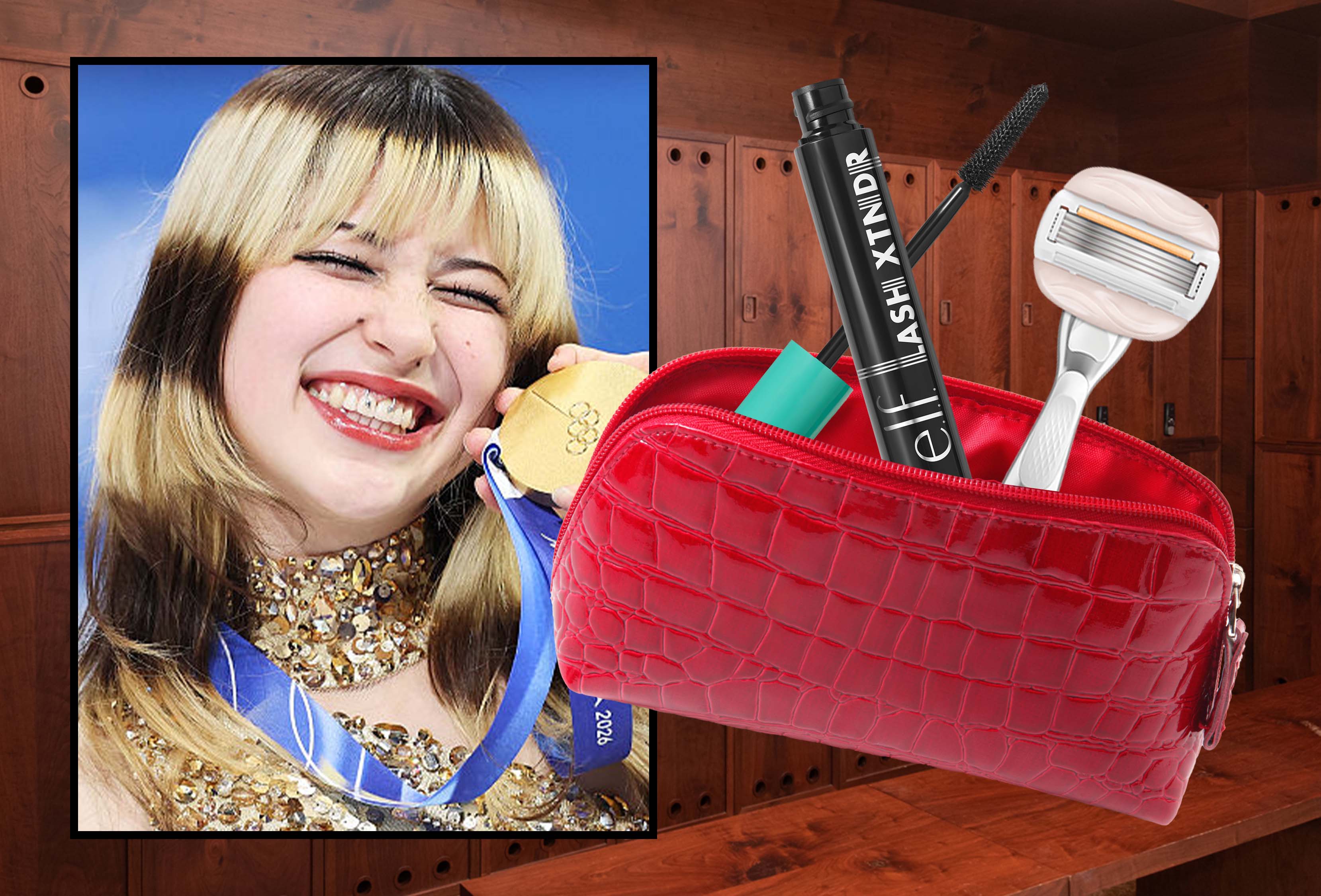 athlete Alysa Liu framed on top of a background featuring school locker rooms, next to a red makeup bag filled with beauty products