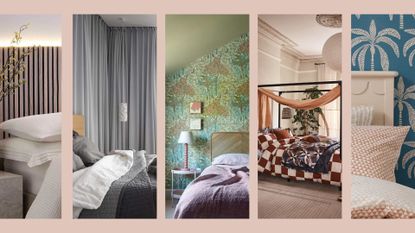 compilation image of bedroom trends 2023 including custom drapes, painted ceilings and wood panelling