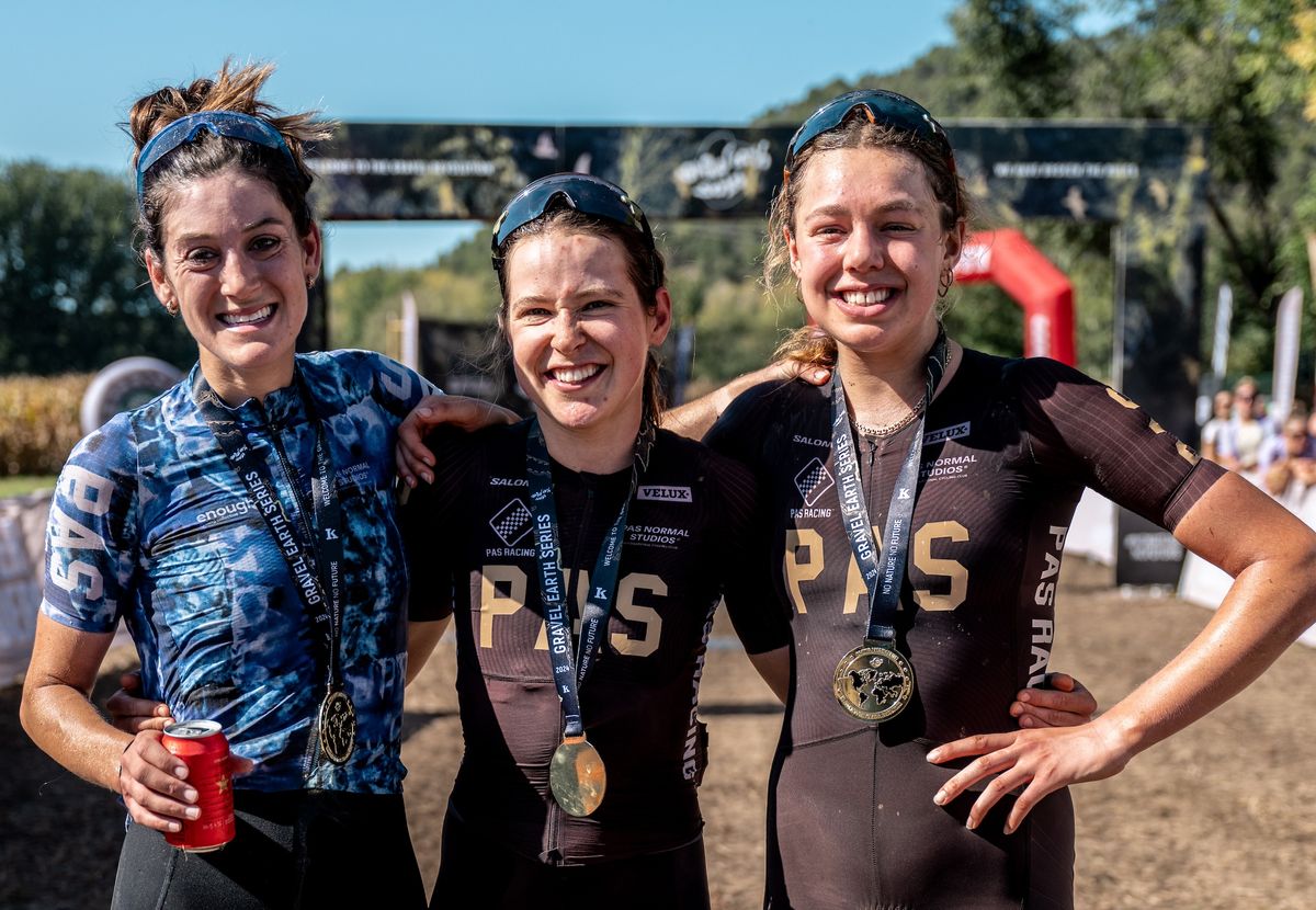 Podium at 2024 Ranxo Gravel, finale of Gravel Earth Series: Race and series winner Karolina Migoń (centre), Morgan Aguirre (right) second at Ranxo and in series, and Klara Sofie Skovgard third at Ranxo and fourth in series