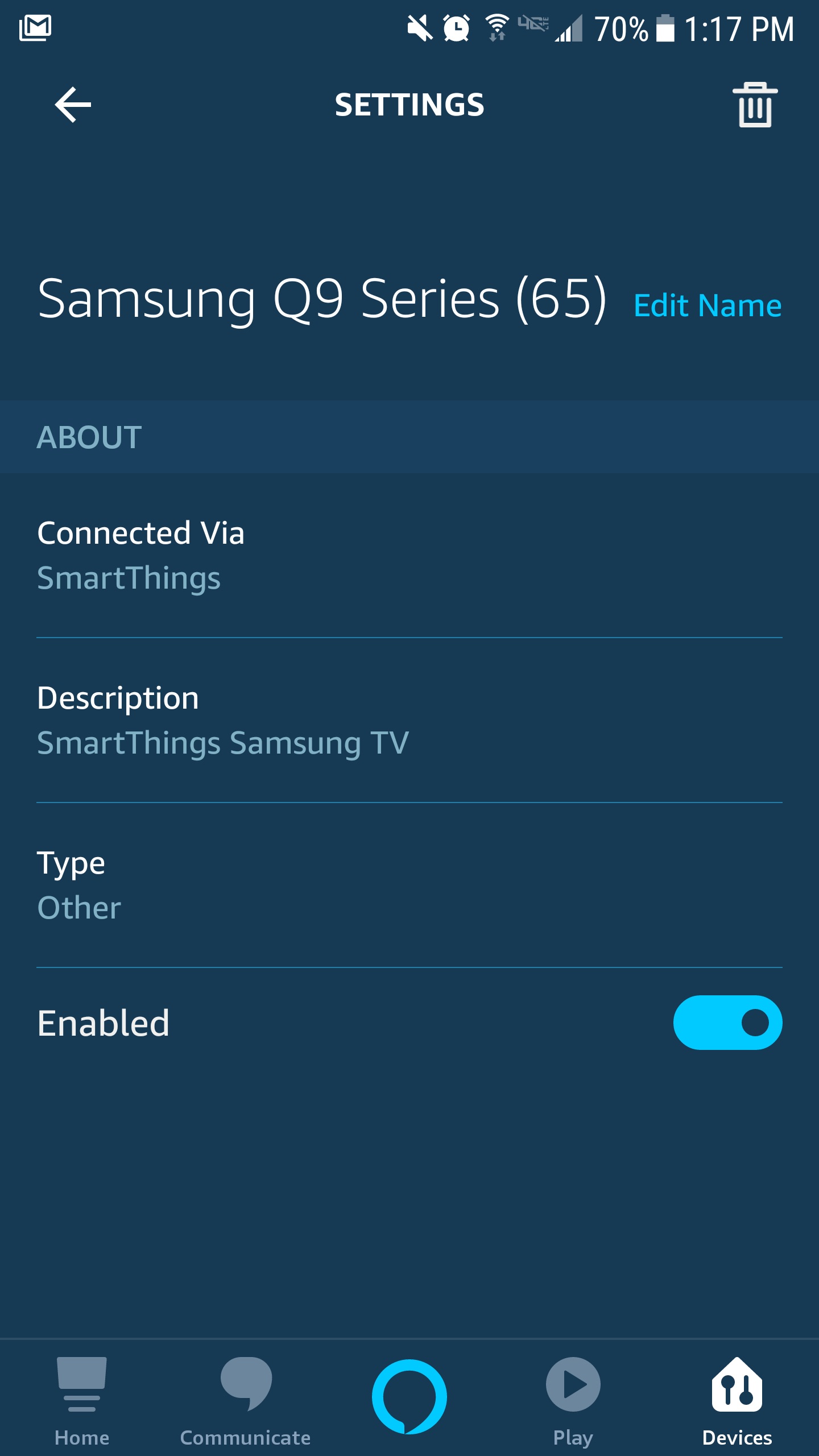 Подключите Samsung TV к Alexa - меню устройства приложения Amazon Alexa