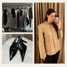A collage of photos of Khaite's Upper East Side store racks, Toteme's heels, and Eliza Huber in the Kallmeyer dressing room on Madison Avenue.