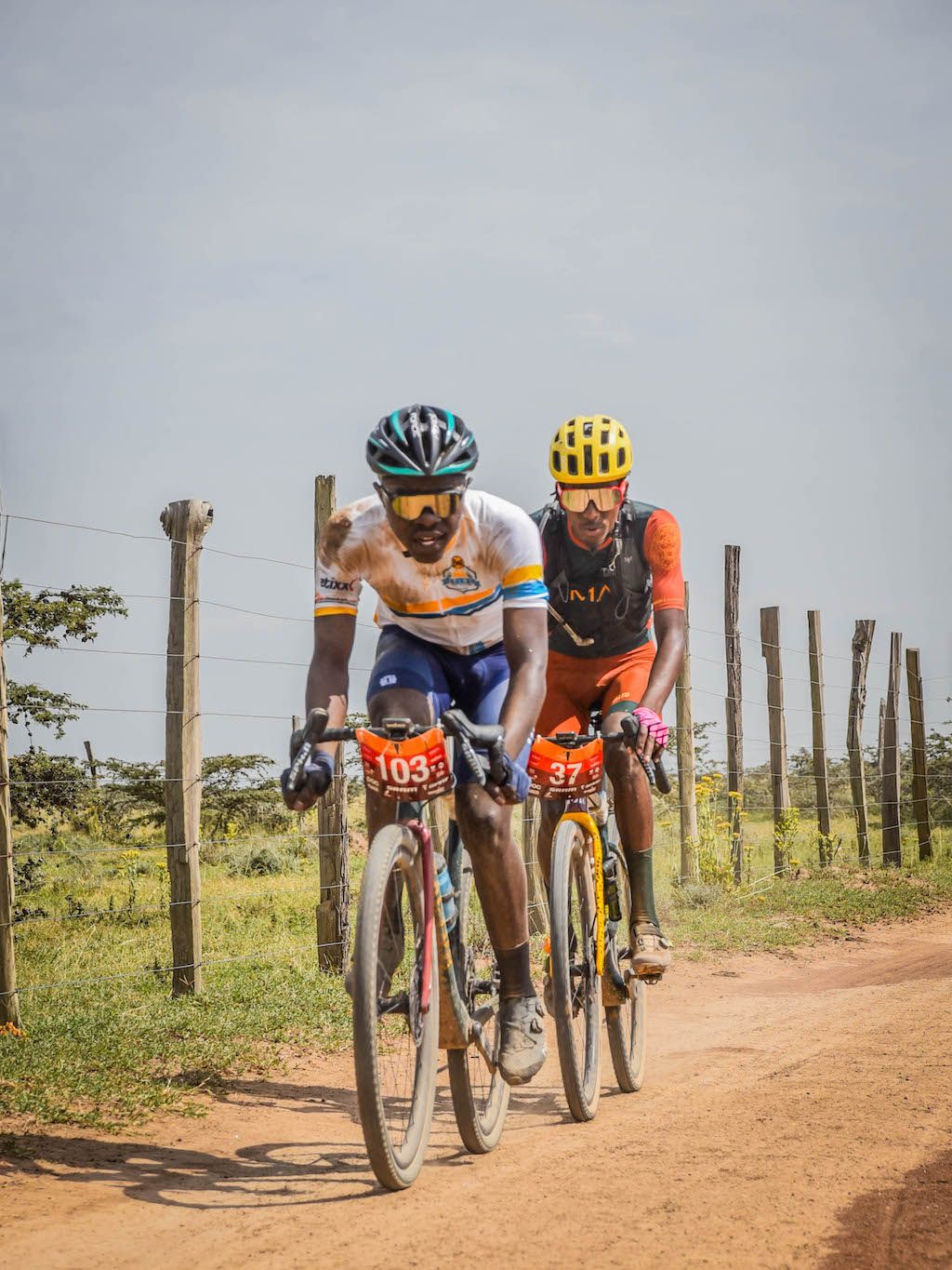 Joel Kyaviro leading stage winner Kenneth Karaya on stage 3 of the Migration Gravel Race
