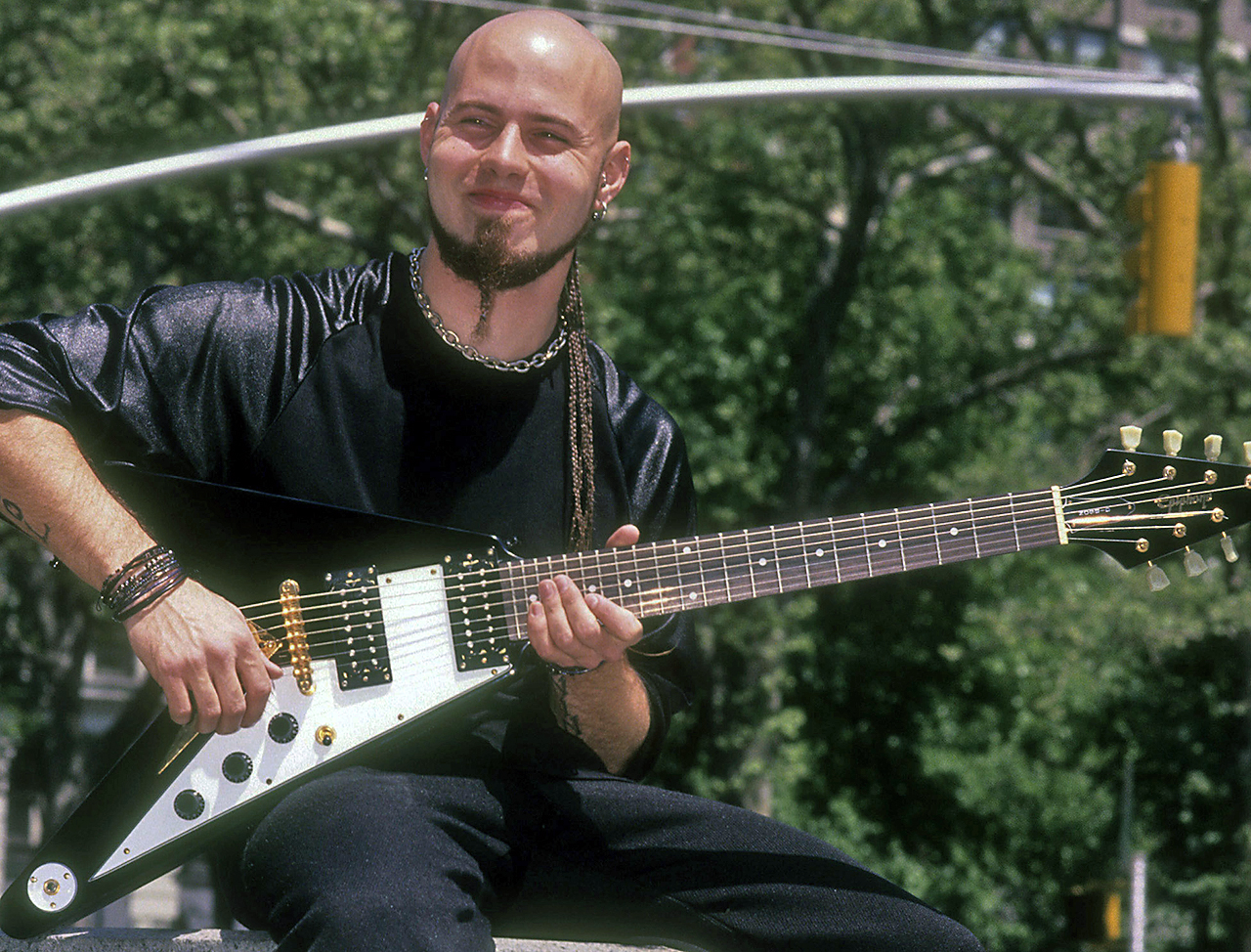 C.J. Pierce with his Gibson Flying V guitar on May 10, 2001 in the Flatiron District of New York City.