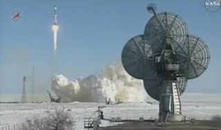 A Russian Soyuz rocket launches the automated Progress 66 cargo ship toward the International Space Station from Baikonur Cosmodrome, Kazakhstan on Feb. 22, 2017 in this still from a NASA TV broadcast.