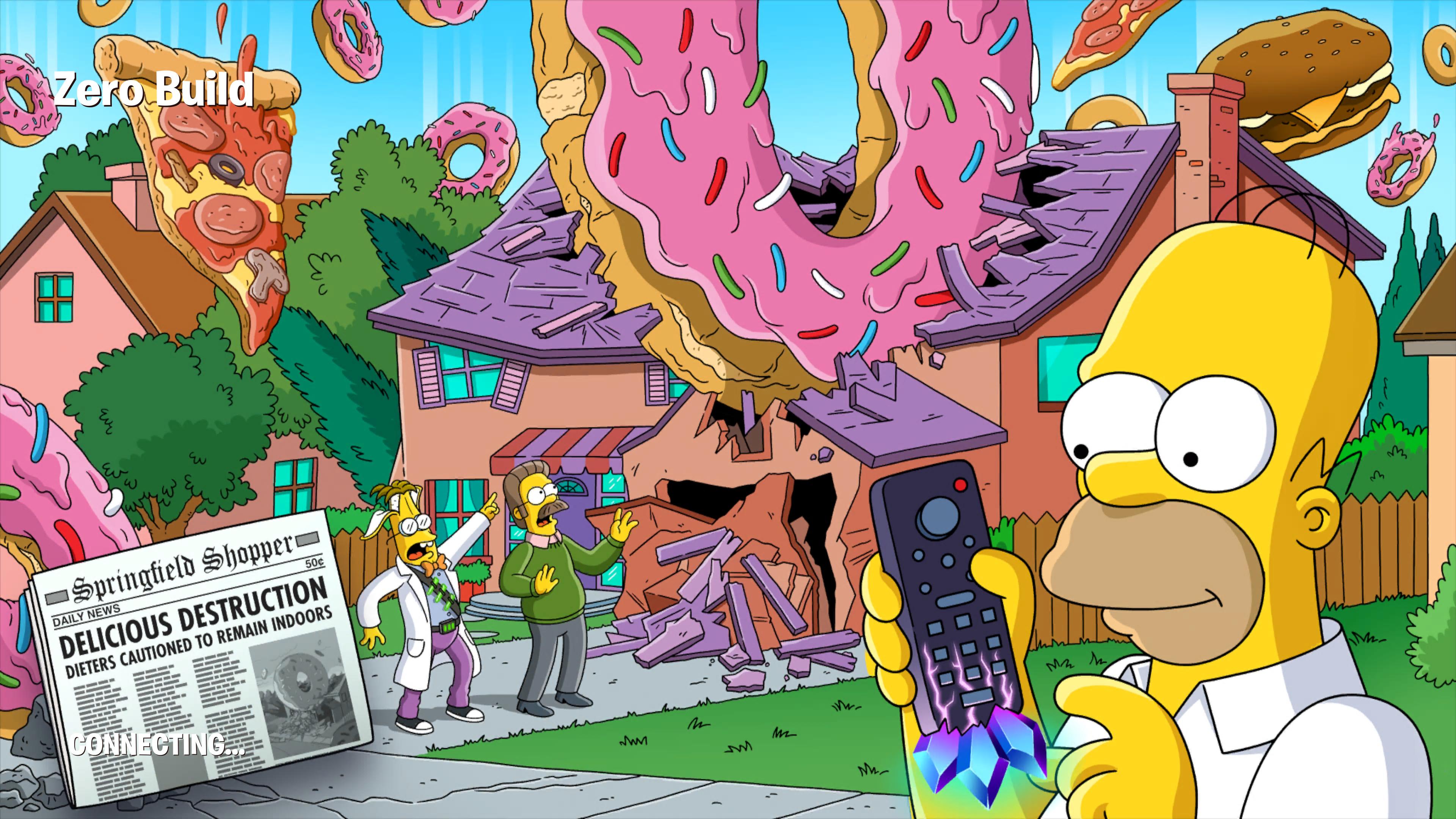 Homer presses a crystal-covered TV remote, sending giant donuts, pizza and burgers raining down from the sky. Flanders and Professor Frink point up as Flanders&#039; house is destroyed in the background