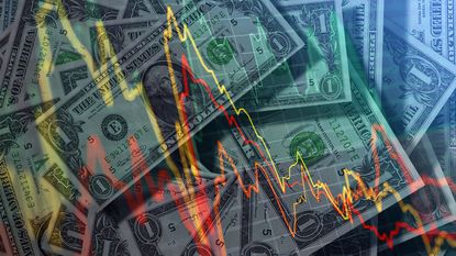 A volatile trading graphic with scattered dollar bills as the backdrop.